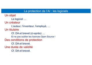 Un objet
Le logiciel …
Un créateur
L’auteur, l’inventeur, l’employé, …
Un titulaire
Cf. DA et brevet (ci-après) …
Et ne pas oublier les licences Open Source !
Des conditions de protection
Cf. DA et brevet.
Une durée de validité
Cf. DA et brevet.
La protection de l’AI : les logiciels
 