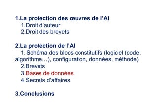 1.La protection des œuvres de l’AI
1.Droit d’auteur
2.Droit des brevets
2.La protection de l’AI
1.Schéma des blocs constitutifs (logiciel (code,
algorithme…), configuration, données, méthode)
2.Brevets
3.Bases de données
4.Secrets d’affaires
3.Conclusions
 