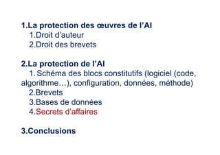 1.La protection des œuvres de l’AI
1.Droit d’auteur
2.Droit des brevets
2.La protection de l’AI
1.Schéma des blocs constitutifs (logiciel (code,
algorithme…), configuration, données, méthode)
2.Brevets
3.Bases de données
4.Secrets d’affaires
3.Conclusions
 