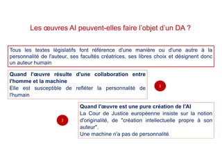 Quand l'œuvre résulte d'une collaboration entre
l'homme et la machine
Elle est susceptible de refléter la personnalité de
l'humain
Quand l'œuvre est une pure création de l'AI
La Cour de Justice européenne insiste sur la notion
d'originalité, de "création intellectuelle propre à son
auteur".
Une machine n'a pas de personnalité
Les œuvres AI peuvent-elles faire l’objet d’un DA ?
Tous les textes législatifs font référence d'une manière ou d'une autre à la
personnalité de l'auteur, ses facultés créatrices, ses libres choix et désignent donc
un auteur humain
1
2
 