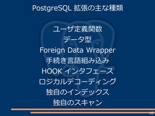 10
PostgreSQL 拡張の主な種類
ユーザ定義関数
データ型
Foreign Data Wrapper
手続き言語組み込み
HOOK インタフェース
ロジカルデコーディング
独自のインデックス
独自のスキャン
 