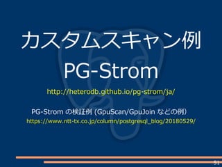 51
カスタムスキャン例
PG-Strom
http://heterodb.github.io/pg-strom/ja/
PG-Strom の検証例 (GpuScan/GpuJoin などの例）
https://www.ntt-tx.co.jp/column/postgresql_blog/20180529/
 