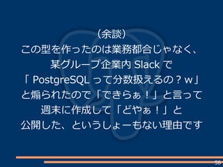 58
（余談）
この型を作ったのは業務都合じゃなく、
某グループ企業内 Slack で
「 PostgreSQL って分数扱えるの？ｗ」
と煽られたので「できらぁ！」と言って
週末に作成して「どやぁ！」と
公開した、というしょーもない理由です
 