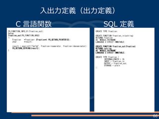 66
入出力定義（出力定義）
C 言語関数
PG_FUNCTION_INFO_V1(fraction_out);
Datum
fraction_out(PG_FUNCTION_ARGS)
{
Fraction *fraction= (Fraction*) PG_GETARG_POINTER(0);
char *result;
result = psprintf("%d/%d", fraction->numerator, fraction->denominator);
PG_RETURN_CSTRING(result);
}
SQL 定義
CREATE TYPE fraction;
CREATE FUNCTION fraction_in(cstring)
RETURNS fraction
AS 'MODULE_PATHNAME'
LANGUAGE C STRICT IMMUTABLE;
CREATE FUNCTION fraction_out(fraction)
RETURNS cstring
AS 'MODULE_PATHNAME'
LANGUAGE C STRICT IMMUTABLE;
CREATE TYPE fraction (
INTERNALLENGTH = 16,
INPUT = fraction_in,
OUTPUT = fraction_out,
STORAGE = plain
);
 