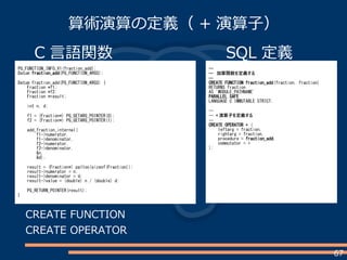 67
算術演算の定義（ + 演算子）
CREATE FUNCTION
CREATE OPERATOR
PG_FUNCTION_INFO_V1(fraction_add);
Datum fraction_add(PG_FUNCTION_ARGS);
Datum fraction_add(PG_FUNCTION_ARGS) {
Fraction *f1;
Fraction *f2;
Fraction *result;
int n, d;
f1 = (Fraction*) PG_GETARG_POINTER(0);
f2 = (Fraction*) PG_GETARG_POINTER(1);
add_fraction_internal(
f1->numerator,
f1->denominator,
f2->numerator,
f2->denominator,
&n,
&d);
result = (Fraction*) palloc(sizeof(Fraction));
result->numerator = n;
result->denominator = d;
result->value = (double) n / (double) d;
PG_RETURN_POINTER(result);
}
SQL 定義
--
-- 加算関数を定義する
--
CREATE FUNCTION fraction_add(fraction, fraction)
RETURNS fraction
AS 'MODULE_PATHNAME'
PARALLEL SAFE
LANGUAGE C IMMUTABLE STRICT;
--
-- + 演算子を定義する
--
CREATE OPERATOR + (
leftarg = fraction,
rightarg = fraction,
procedure = fraction_add,
commutator = +
);
C 言語関数
 