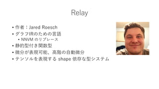 Relay
• 作者：Jared Roesch
• グラフIRのための言語
• NNVM のリプレース
• 静的型付き関数型
• 微分が表現可能、高階の自動微分
• テンソルを表現する shape 依存な型システム
 
