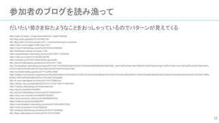 参加者のブログを読み漁って
だいたい皆さま似たようなことをおっしゃっているのでパターンが見えてくる
https://qiita.com/gomi_ningen/items/b8c9c5c11aee91be820e
http://blog.shibu.jp/article/181327596.html
http://blog.team-ai.com/ai-people-vol7-1-machine-learning-for-business/
https://note.mu/murasaki/n/n8f8130a1101d
https://mizchi.hatenablog.com/entry/2018/04/20/230636
http://webdesign-manga.com/post-1146/
https://meganetaaan.hatenablog.com/entry/2018/07/17/233556
https://note.mu/yuzooho/n/n62394c3af78d
https://capitalp.jp/2018/04/19/wordpress-gcp-book/
http://shu223.hatenablog.com/entry/2018/04/18/111943
http://rimarimadan.hatenablog.com/entry/2017/04/12/%E6%8A%80%E8%A1%93%E6%9B%B8%E5%85%B82_%E3%82%82%E3%81%B5%E3%82%82%E3%81%B5%E3%81%A1%E3%82%83%E3%82%93%
E3%81%AE%E6%88%A6%E3%81%84%E5%B1%A5%E6%AD%B4
https://numa08.hateblo.jp/entry/2017/12/29/012900
https://medium.com/eureka-engineering/%E3%82%A8%E3%82%A6%E3%83%AC%E3%82%AB%E3%81%AE%E6%8A%80%E8%A1%93%E6%9B%B8%E5%B1%95%E3%82%92%E6%94%AF%E3%81%88%
E3%81%9F%E6%8A%80%E8%A1%93-8e913a7de096
http://dr-asa.hatenablog.com/entry/2017/03/15/064354
https://www3.nhk.or.jp/news/html/20181011/k10011667311000.html
https://nabettu.hatenablog.com/entry/staticsite
https://booth.pm/ja/items/829853
http://shu223.hatenablog.com/entry/2018/10/09/222341
https://blog.nkzn.info/entry/2018/09/07/003828
https://www.konosumi.net/entry/2018/08/06/003542
https://codezine.jp/article/detail/9401
https://mochikoastech.hatenablog.com/entry/2018/04/26/012240
https://note.mu/erukiti/n/ne1a27892dd91
http://nakajmg.hatenablog.com/entry/2018/10/10/092949
http://tbpgr.hatenablog.com/entry/2018/10/10/183000
12
 