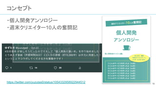 コンセプト
・個人開発アンソロジー
・週末クリエイター10人の奮闘記
https://twitter.com/yuzutas0/status/1054332958922944512 18
 