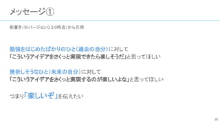 メッセージ①
前書き（※バージョン 0.3.0時点）から引用
勉強をはじめたばかりのひと（過去の自分）に対して
「こういうアイデアをさくっと実現できたら楽しそうだ」と思ってほしい
挫折しそうなひと（未来の自分）に対して
「こういうアイデアをさくっと実現するのが楽しいよな」と思ってほしい
つまり「楽しいぞ」を伝えたい
20
 