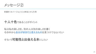 メッセージ②
前書き（※バージョン 0.3.0時点）から引用
十人十色であることがポイント
私は私の楽しさを、別の人は別の楽しさを書く
その中から自分が好きだと思えるものを見つけてもらいたい
そういう可能性と出会える本にしたい
21
 