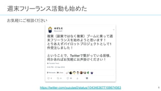 週末フリーランス活動も始めた
お気軽にご相談ください
8https://twitter.com/yuzutas0/status/1043463677108674563
 