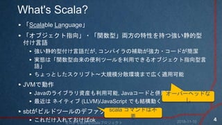 What's Scala?
Scalable Language
ָ֥?v͡IԤ֤ď
Z
͸Z, ѥa?`ɤ
gBϡvαĩ`äǤ륪ָ֥
Z
äȤץ?Ҏģɢhޤǎڤmÿ
JVMǄ
JavaΥ饤֥Ybÿ, Java`ɤȁÿ
 ͥƥ (LLVM)/JavaScript ǤYӤ
sbtӥɥĩ`Υǥեȥ`
Ƥok
`Щ`إåɤ

scala ޥɤϲ
Ҫ
2018-11-10ʼScalaץ
4
 