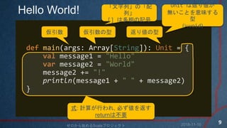 Hello World!
def main(args: Array[String]): Unit = {
val message1 = "Hello"
var message2 = "World"
message2 += "!"
println(message1 + " " + message2)
}
 
СΡ
С
[] ϶ӛ
ꂎ
Unit Ϸꂎ
oȤζ

(Pvoid)
ʽ: Ӌ㤬Ф, ؤ򷵤
returnϲҪ
2018-11-10ʼScalaץ
9
 
