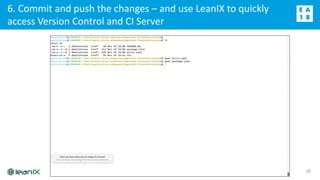 6. Commit and push the changes – and use LeanIX to quickly
access Version Control and CI Server
18
 