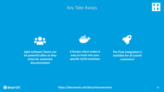 26
Key Take Aways
A Docker client makes it
easy to hook into your
specific CI/CD toolchain
Agile Software Teams can
be powerful allies as they
strive for automatic
documentation
The Pivio Integration is
available for all LeanIX
customers!
https://dev.leanix.net/docs/microservices
 