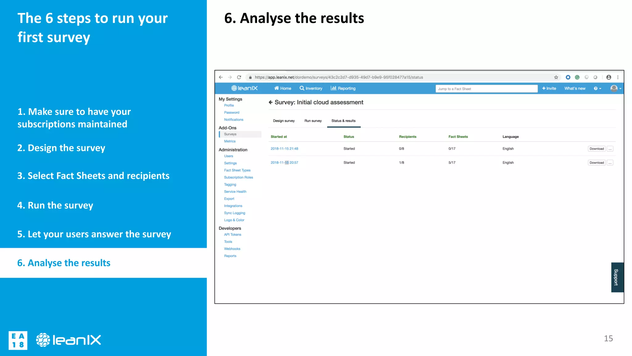 6. Analyse the resultsThe 6 steps to run your
first survey
1. Make sure to have your
subscriptions maintained
15
2. Design the survey
3. Select Fact Sheets and recipients
4. Run the survey
5. Let your users answer the survey
6. Analyse the results
 