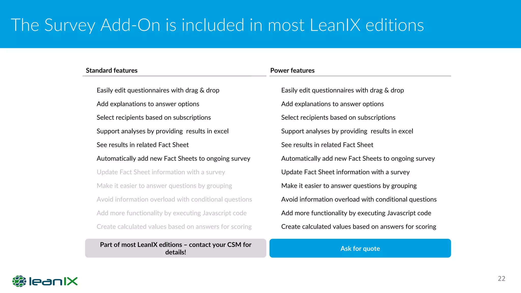 The Survey Add-On is included in most LeanIX editions
22
Standard features
Easily edit questionnaires with drag & drop
Add explanations to answer options
Select recipients based on subscriptions
Support analyses by providing results in excel
See results in related Fact Sheet
Automatically add new Fact Sheets to ongoing survey
Update Fact Sheet information with a survey
Make it easier to answer questions by grouping
Avoid information overload with conditional questions
Add more functionality by executing Javascript code
Create calculated values based on answers for scoring
Power features
Easily edit questionnaires with drag & drop
Add explanations to answer options
Select recipients based on subscriptions
Support analyses by providing results in excel
See results in related Fact Sheet
Automatically add new Fact Sheets to ongoing survey
Update Fact Sheet information with a survey
Make it easier to answer questions by grouping
Avoid information overload with conditional questions
Add more functionality by executing Javascript code
Create calculated values based on answers for scoring
Ask for quote
Part of most LeanIX editions – contact your CSM for
details!
 
