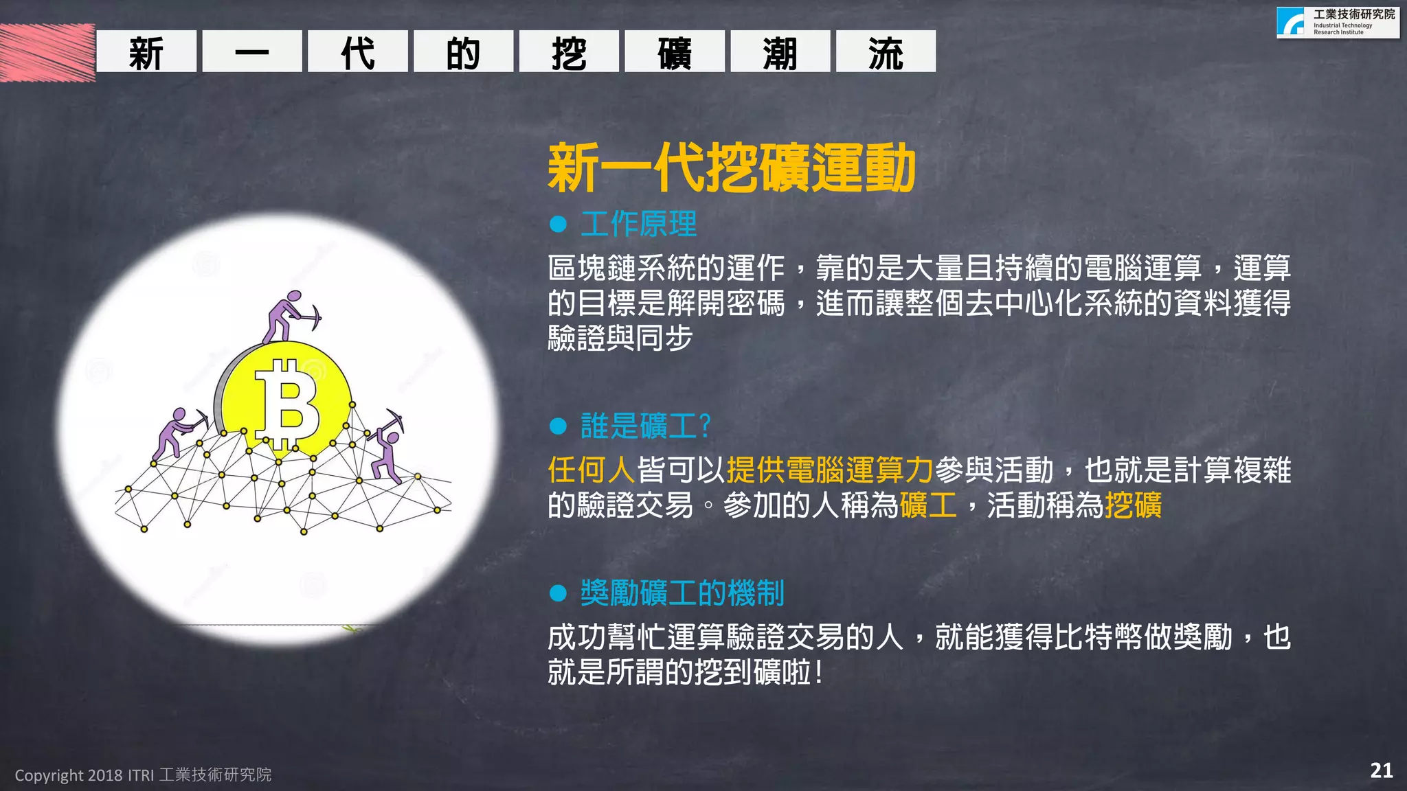 Copyright 2018 ITRI 工業技術研究院Copyright 2018 ITRI 工業技術研究院
代 的 挖 礦 潮 流新 一
新一代挖礦運動
 工作原理
區塊鏈系統的運作，靠的是大量且持續的電腦運算，運算
的目標是解開密碼，進而讓整個去中心化系統的資料獲得
驗證與同步
 誰是礦工?
任何人皆可以提供電腦運算力參與活動，也就是計算複雜
的驗證交易。參加的人稱為礦工，活動稱為挖礦
 獎勵礦工的機制
成功幫忙運算驗證交易的人，就能獲得比特幣做獎勵，也
就是所謂的挖到礦啦!
21
 