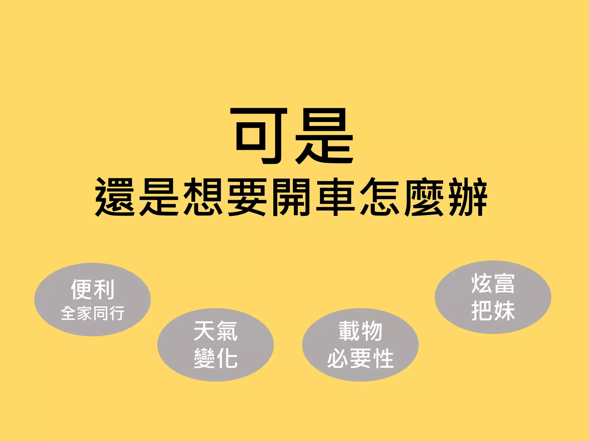 可是
還是想要開車怎麼辦
便利
全家同行
天氣
變化
炫富
把妹
載物
必要性
 