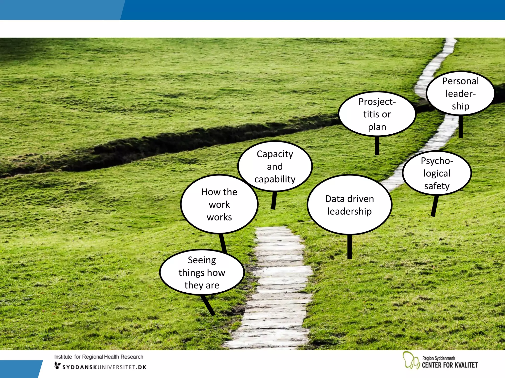 Seeing
things how
they are
Data driven
leadership
Capacity
and
capability
Psycho-
logical
safety
Prosject-
titis or
plan
Personal
leader-
ship
How the
work
works
 