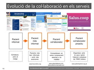 125 ‘Una Administració digital és possible?’ – II Jornades de Comunicació a les AP – Calvià (Illes Balears) - Jordi Graells - 13 de novembre de 2018 - CC0
www.patientslikeme.com
www.patientcrossroads.com
www.patientopinion.org.ukwww.forumclinic.org
Pacient
informat
Pacient
col·laborador
proactiu
Pacient
col·laborador
Pacient
més
informat
Col·labora
amb el
metge
Comparteixen en
xarxa coneixement
associat a la
malaltia
Organitzen amb
la seva opinió
’l atenció ciutadana
’de l SNS britànic
Pacients més
ben informats
i amb més
autonomia
Evolució de la col·laboració en els serveis
 