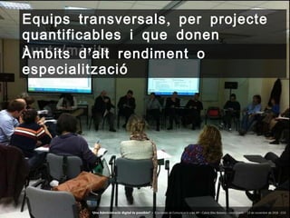 31
,Equips transversals per projecte
quantificables i que donen
/punts mèrits’Àmbits d alt rendiment o
especialització
‘Una Administració digital és possible?’ – II Jornades de Comunicació a les AP – Calvià (Illes Balears) - Jordi Graells - 13 de novembre de 2018 - CC0
 