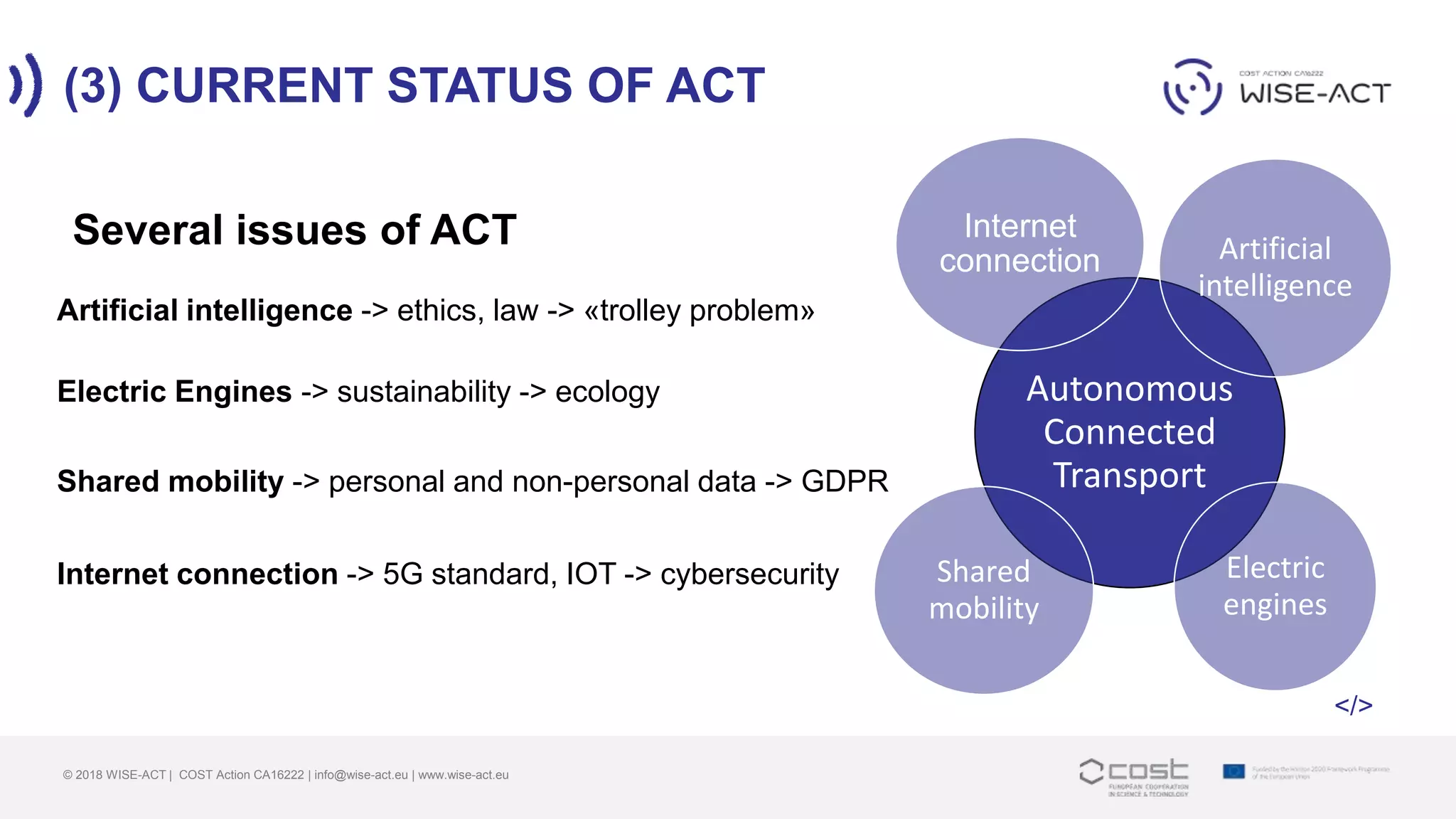 (3) CURRENT STATUS OF ACT
© 2018 WISE-ACT | COST Action CA16222 | info@wise-act.eu | www.wise-act.eu
Autonomous
Connected
Transport
Artificial
intelligence
Electric
engines
Shared
mobility
Internet
connection
Several issues of ACT
Artificial intelligence -> ethics, law -> «trolley problem»
Electric Engines -> sustainability -> ecology
Shared mobility -> personal and non-personal data -> GDPR
Internet connection -> 5G standard, IOT -> cybersecurity
</>
 