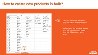 Click on the curated values to
copy the values for each attribute
Before filling any template, always
copy the corresponding values
from the CSV to avoid typing
errors
1
14
14
How to create new products in bulk?
 