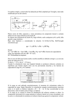 Un análisis simple y conservador fue deducido por Bell, ampliado por Terzaghi y más tarde
modificado por los dos autores.
Planos rectos de falla, supuestos y zonas prismáticas de compresión triaxial o cortante
debajo de una carga uniforme qo de ancho B.
Se supone una cimentación de ancho B y largo infinito, suelo cualquiera (c≠0 y φ≠0), falla
general, carga simétrica.
Bajo estas hipótesis y considerando la relación: G1=G3Nφ+2c√Nφ, Bell/Terzaghi
encontraron que:
qu = ½ γ2B Nγ + cNc + γ1Df Nq
Donde:
Nγ = tan^5( ), Nc = 2tan^3( ) + 2 tan ( ) y Nq =tan^4 ( ), Factores de capacidad deϴ ϴ ϴ ϴ
carga, que dependen solo de φ ( = 45 +φ/2).ϴ
Df : Profundidad de desplante.
Para el caso de falla local (arena suelta o arcilla sensible) se deberán corregir c y φ con una
factor de reducción (2/3).
Es decir, c´ =2/3 c, tan φ´ = 2/3 tan φ.
Cuando la cimentación tiene una longitud limitada se producen esfuerzos cortantes en
superficies que forman ángulo recto con las previamente descritas y los factores de
capacidad de carga Nγ y Nc cambian.
Forma de la cimentación
Corrección
Nγ
Corrección
Nc
Cuadrada 0,85 1,25
Rectangular
L/B = 2 0,90 1,12
L/B = 5 0,95 1,05
Circular(*) 0,70 1,20
(*) Sustituir el diámetro D por el ancho B
Si la carga no está aplicada concéntricamente, el momento de volcamiento reduce la
capacidad de carga. Según Meyerhof, la cimentación cargada excéntricamente reacciona
como si el ancho se hubiera reducido a B` = B – 2e. Si hay excentricidad en dos
direcciones, tanto el ancho como el largo, se reducen.
Si la carga no es vertical la forma de distribución del esfuerzo cortante se altera. La
componente horizontal de la carga aumenta el esfuerzo lateral en la zona circundante, con
la cual se ve disminuida la resistencia al esfuerzo lateral que genera la componente vertical.
 