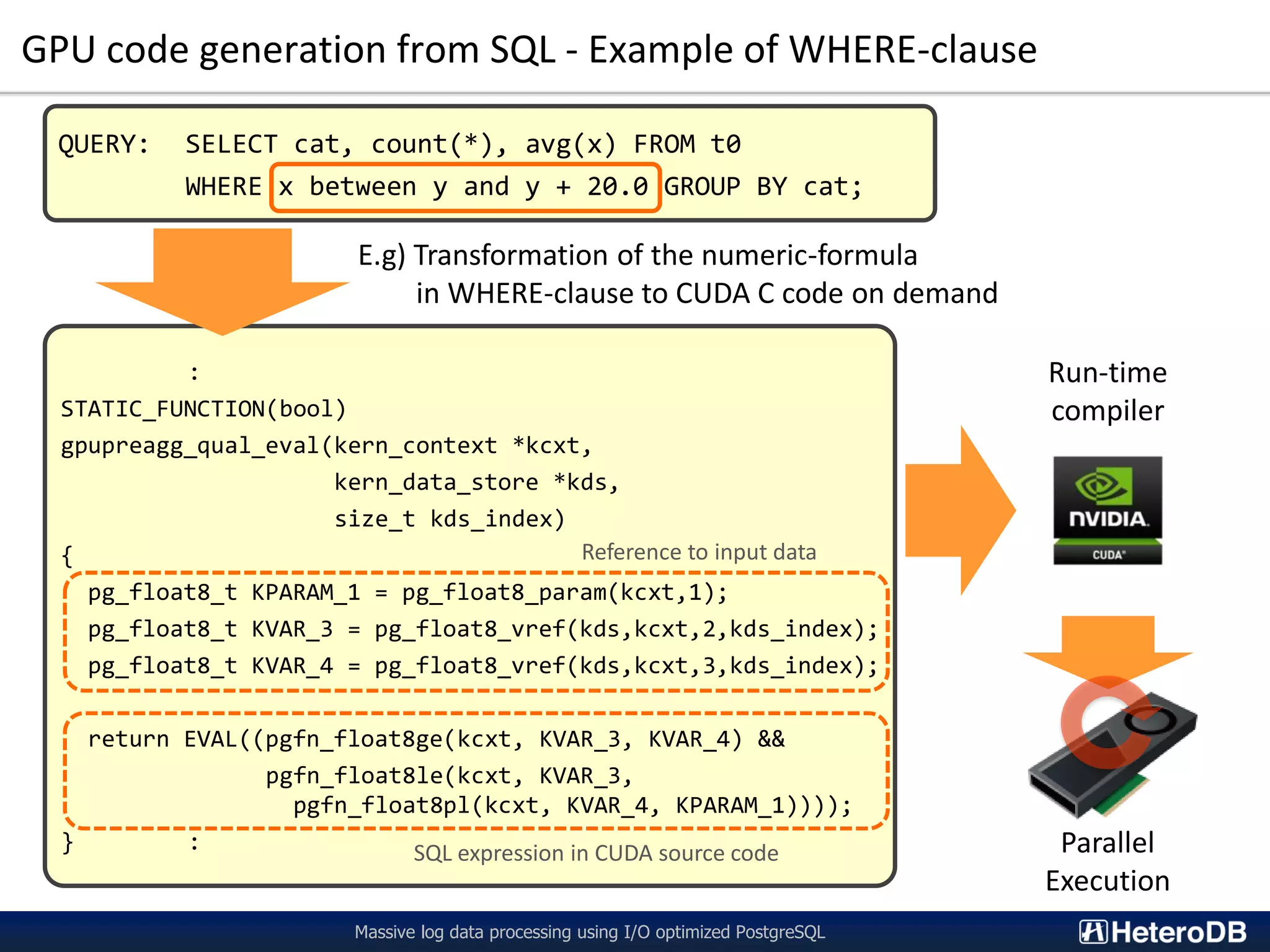 GPU code generation from SQL - Example of WHERE-clause Massive log data processing using I/O optimized PostgreSQL QUERY: SELECT cat, count(*), avg(x) FROM t0 WHERE x between y and y + 20.0 GROUP BY cat; : STATIC_FUNCTION(bool) gpupreagg_qual_eval(kern_context *kcxt, kern_data_store *kds, size_t kds_index) { pg_float8_t KPARAM_1 = pg_float8_param(kcxt,1); pg_float8_t KVAR_3 = pg_float8_vref(kds,kcxt,2,kds_index); pg_float8_t KVAR_4 = pg_float8_vref(kds,kcxt,3,kds_index); return EVAL((pgfn_float8ge(kcxt, KVAR_3, KVAR_4) && pgfn_float8le(kcxt, KVAR_3, pgfn_float8pl(kcxt, KVAR_4, KPARAM_1)))); } : E.g) Transformation of the numeric-formula in WHERE-clause to CUDA C code on demand Reference to input data SQL expression in CUDA source code Run-time compiler Parallel Execution 
