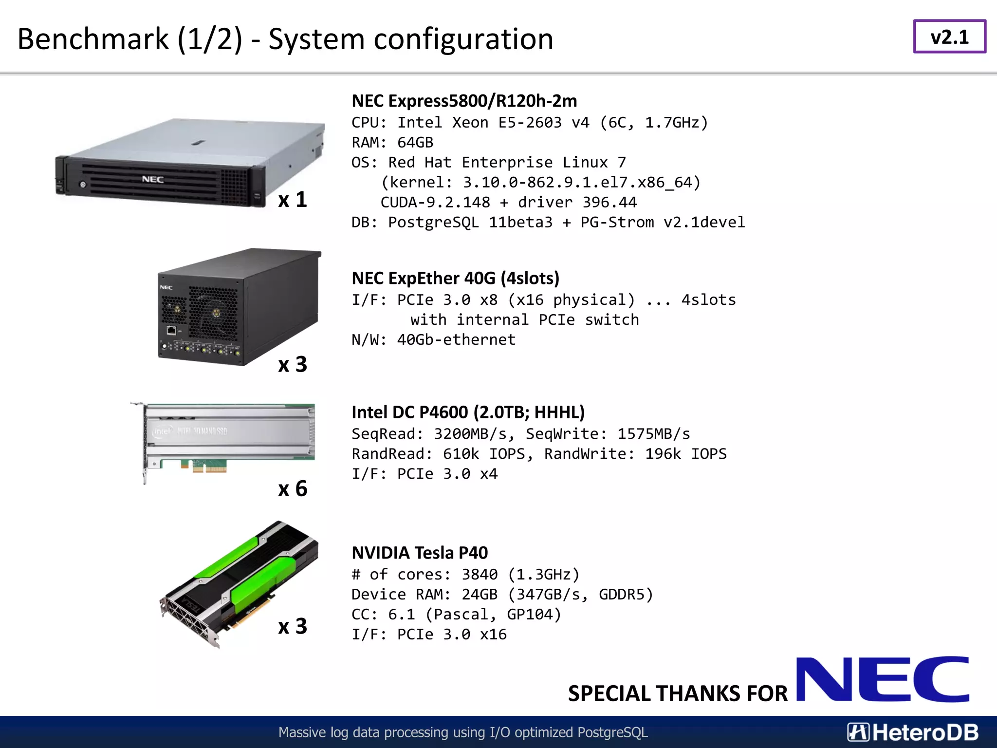 Benchmark (1/2) - System configuration Massive log data processing using I/O optimized PostgreSQL x 1 x 3 x 6 x 3 NEC Express5800/R120h-2m CPU: Intel Xeon E5-2603 v4 (6C, 1.7GHz) RAM: 64GB OS: Red Hat Enterprise Linux 7 (kernel: 3.10.0-862.9.1.el7.x86_64) CUDA-9.2.148 + driver 396.44 DB: PostgreSQL 11beta3 + PG-Strom v2.1devel NEC ExpEther 40G (4slots) I/F: PCIe 3.0 x8 (x16 physical) ... 4slots with internal PCIe switch N/W: 40Gb-ethernet Intel DC P4600 (2.0TB; HHHL) SeqRead: 3200MB/s, SeqWrite: 1575MB/s RandRead: 610k IOPS, RandWrite: 196k IOPS I/F: PCIe 3.0 x4 NVIDIA Tesla P40 # of cores: 3840 (1.3GHz) Device RAM: 24GB (347GB/s, GDDR5) CC: 6.1 (Pascal, GP104) I/F: PCIe 3.0 x16 SPECIAL THANKS FOR v2.1 