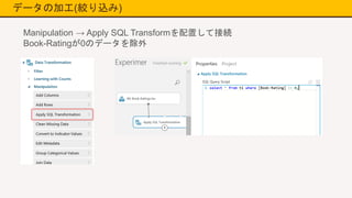 データの加工(絞り込み)
Manipulation → Apply SQL Transformを配置して接続
Book-Ratingが0のデータを除外
 