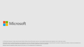 © 2018 Microsoft Corporation. All rights reserved. Microsoft, Windows, Windows Vista and other product names are or may be registered trademarks and/or trademarks in the U.S. and/or other countries.
The information herein is for informational purposes only and represents the current view of Microsoft Corporation as of the date of this presentation. Because Microsoft must respond to changing market conditions, it should not be interpreted to be a
commitment on the part of Microsoft, and Microsoft cannot guarantee the accuracy of any information provided after the date of this presentation.
MICROSOFT MAKES NO WARRANTIES, EXPRESS, IMPLIED OR STATUTORY, AS TO THE INFORMATION IN THIS PRESENTATION.
 