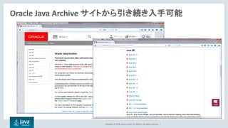 Copyright	©	2018, Oracle	and/or	its	affiliates.	All	rights	reserved.		|
Oracle	Java	Archive	サイトから引き続き入手可能
 