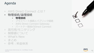 © 2018, Amazon Web Services, Inc. or its Affiliates. All rights
reserved.
Agenda
• AWS Direct Connect とは？
• 物理接続/論理接続
• 物理接続
• プライベート接続とパブリック接続
• AWS Direct Connect Gateway
• パートナー経由のDirect Connect
• 高可用/モニタリング
• 制限値について
• What’s New
• まとめ
• 参考：料金体系
12
 