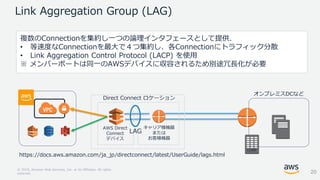 © 2018, Amazon Web Services, Inc. or its Affiliates. All rights
reserved.
AWS Direct
Connect
デバイス
キャリア様機器
または
お客様機器
Direct Connect ロケーション
CORP
`
Link Aggregation Group (LAG)
https://docs.aws.amazon.com/ja_jp/directconnect/latest/UserGuide/lags.html
複数のConnectionを集約し一つの論理インタフェースとして提供.
• 等速度なConnectionを最大で４つ集約し、各Connectionにトラフィック分散
• Link Aggregation Control Protocol (LACP) を使用
※ メンバーポートは同一のAWSデバイスに収容されるため別途冗長化が必要
LAG
オンプレミスDCなど
20
 