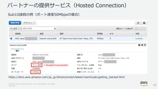© 2018, Amazon Web Services, Inc. or its Affiliates. All rights
reserved.
パートナーの提供サービス（Hosted Connection）
Sub1G接続の例（ポート速度50Mbpsの場合）
https://docs.aws.amazon.com/ja_jp/directconnect/latest/UserGuide/getting_started.html
42
= Hosted Connection
 