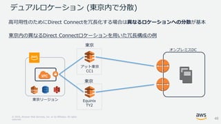 © 2018, Amazon Web Services, Inc. or its Affiliates. All rights
reserved.
デュアルロケーション (東京内で分散)
東京
東京内の異なるDirect Connectロケーションを用いた冗長構成の例
オンプレミスDC
アット東京
CC1
Equinix
TY2
東京リージョン
東京
46
高可用性のためにDirect Connectを冗長化する場合は異なるロケーションへの分散が基本
 