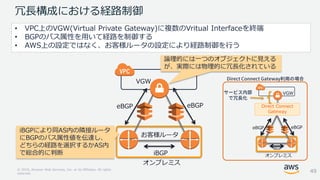© 2018, Amazon Web Services, Inc. or its Affiliates. All rights
reserved.
冗長構成における経路制御
eBGPeBGP
iBGP
iBGPにより同AS内の隣接ルータ
にBGPのパス属性値を伝達し、
どちらの経路を選択するかAS内
で総合的に判断
• VPC上のVGW(Virtual Private Gateway)に複数のVritual Interfaceを終端
• BGPのパス属性を用いて経路を制御する
• AWS上の設定ではなく、お客様ルータの設定により経路制御を行う
オンプレミス
49
VGW
論理的には一つのオブジェクトに見える
が、実際には物理的に冗長化されている
お客様ルータ
eBGPeBGP
iBGP
オンプレミス
VGW
Direct Connect
Gateway
 