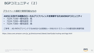 © 2018, Amazon Web Services, Inc. or its Affiliates. All rights
reserved.
プライベート接続で使用可能なもの
https://docs.aws.amazon.com/ja_jp/directconnect/latest/UserGuide/routing-and-bgp.html
AWSに広告する経路のローカルプリファレンスを制御するためのBGPコミュニティ
• 7224:7100—優先設定: 低
• 7224:7200—優先設定: 中
• 7224:7300—優先設定: 高
ご参考： AS-PATHプリペンドでもAWSからお客様ルータ向けのトラフィックの優先度を制御可能
BGPコミュニティ（２）
52
 