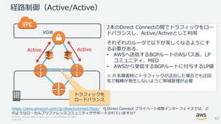 © 2018, Amazon Web Services, Inc. or its Affiliates. All rights
reserved.
経路制御（Active/Active）
ActiveActive
2本のDirect Connectの間でトラフィックをロー
ドバランスし、Active/Activeとして利用
それぞれのルータで以下が等しくなるようにす
る必要がある.
• AWSへ送信するBGPルートのASパス長、LP
コミュニティ、MED
• AWSから受信するBGPルートに付与するLP値
※ 片系障害時にトラフィックが迂回した場合でも迂回
先で輻輳が発生しないように帯域管理が必要
53
https://aws.amazon.com/jp/directconnect/faqs/ Q.Direct Connect プライベート仮想インターフェイスでは、ど
のようなローカルプリファレンスコミュニティがサポートされていますか?
トラフィックを
ロードバランス
VGW
 
