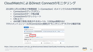 © 2018, Amazon Web Services, Inc. or its Affiliates. All rights
reserved.
CloudWatchによるDirect Connectのモニタリング
2018年11月14日時点で物理接続（＝Connection）のメトリクスのみが利用可能
• Connectionのアップ/ダウン
• Connectionのデータ転送量
• Connectionのパケットレート
• CRCエラー
• AWS側で受信/送信される光レベル（10Gbps接続のみ）
マネジメントコンソールのConnection(接続)の“モニタリング”タブから確認可能
https://docs.aws.amazon.com/ja_jp/directconnect/latest/UserGuide/monitoring-cloudwatch.html
59
 