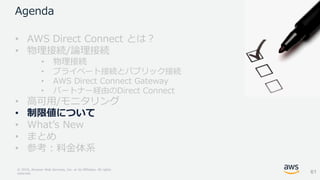 © 2018, Amazon Web Services, Inc. or its Affiliates. All rights
reserved.
Agenda
• AWS Direct Connect とは？
• 物理接続/論理接続
• 物理接続
• プライベート接続とパブリック接続
• AWS Direct Connect Gateway
• パートナー経由のDirect Connect
• 高可用/モニタリング
• 制限値について
• What’s New
• まとめ
• 参考：料金体系
61
 