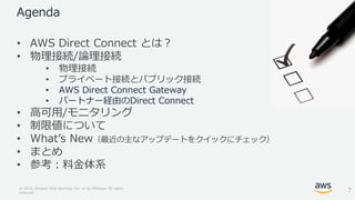 © 2018, Amazon Web Services, Inc. or its Affiliates. All rights
reserved.
Agenda
• AWS Direct Connect とは？
• 物理接続/論理接続
• 物理接続
• プライベート接続とパブリック接続
• AWS Direct Connect Gateway
• パートナー経由のDirect Connect
• 高可用/モニタリング
• 制限値について
• What’s New（最近の主なアップデートをクイックにチェック）
• まとめ
• 参考：料金体系
7
 