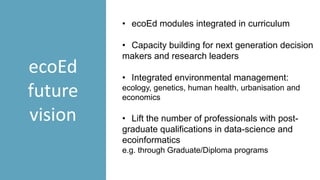 ecoEd
future
vision
• ecoEd modules integrated in curriculum
• Capacity building for next generation decision
makers and research leaders
• Integrated environmental management:
ecology, genetics, human health, urbanisation and
economics
• Lift the number of professionals with post-
graduate qualifications in data-science and
ecoinformatics
e.g. through Graduate/Diploma programs
 