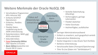 Copyright © 2018, Oracle and/or its affiliates. All rights reserved. |
Weitere Merkmale der Oracle NoSQL DB
Text
Datenbank
Kern-
Funktionalität
Fokus auf
Anwendungs-
entwicklung
Enterprise-
Grade
Software
• Verteilte Datenhaltung
(Sharding)
• Vorhersagbare, geringe
Latenzzeiten
• Flexibel skalierbar
• Hoher Durchsatz
• Hochverfügbar, ausfallsicher
• Geringer Administrationsaufwand
• Einfach zu erweitern, auch geografisch verteilt
• Automatisches Rebalancing
• Starke Integration in das Oracle Tech Portfolio
• Kerberos Unterstützung
• Verschüsselte Daten (Transport/Speicherung)
• Time-To-Live (Daten mit “Verfallsdatum”)
• Verschiedene Programmier-
APIs inklusive SQL
• Einfache GET/PUT
Operationen
• Einfaches, flexibles
Schema
• Flexible Daten-
modellierung durch
JSON Unterstützung
• Datenkonsistenz: BASE und
ACID unterstützt
• Sekundärindizes
• Freie Community Edition
über Apache 2.0 Lizenz
• Basic Edition kostenfrei mit
Oracle DB EE Lizenz
12
 