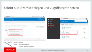 Copyright © 2018, Oracle and/or its affiliates. All rights reserved. | 30
Schritt 5: Nutzer*in anlegen und Zugriffsrechte setzen
ANDC_FullAccessRole
ANDC_ReadWriteRole
ANDC_ReadOnlyRole
 
