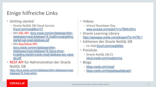 Copyright © 2018, Oracle and/or its affiliates. All rights reserved. |
• Getting started
– Oracle NoSQL DB Cloud Service
tinyurl.com/nosqldbcs101
– Mit SQL API: docs.oracle.com/en/database/other-
databases/nosql-database/18.3/sqlfornosql/getting-
started-sql-nosql-database.pdf
– Mit Key/Value API:
docs.oracle.com/en/database/other-
databases/nosql-database/18.3/java-driver-
kv/getting-started-oracle-nosql-database-key-value-
api.pdf
• REST API für Administration der Oracle
NoSQL DB
https://docs.oracle.com/en/database/other-databases/nosql-
database/18.3/rest-admin
• Videos
– Virtual Developer Day
www.youtube.com/watch?v=o7B94ch8iVs
• Oracle Learning Library
https://apexapps.oracle.com/pls/apex/f?p=44785:1
• Editionen der Oracle NoSQL DB
– Im FAQ tinyurl.com/nosqldbfaq
• Preisliste
– Oracle NoSQL DB CS
cloud.oracle.com/nosql/pricing
• Blogs
– blogs.oracle.com/nosql/
– blogs.oracle.com/bigdataspatialgraph/
Einige hilfreiche Links
37
 