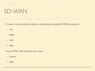 SD-WAN
Create a virtual-overlay to abstract underlying private/public WAN connections
LTE
MPLS
Wiﬁ
Fiber
Route WAN trafﬁc along the best route
Latency
QoS
 