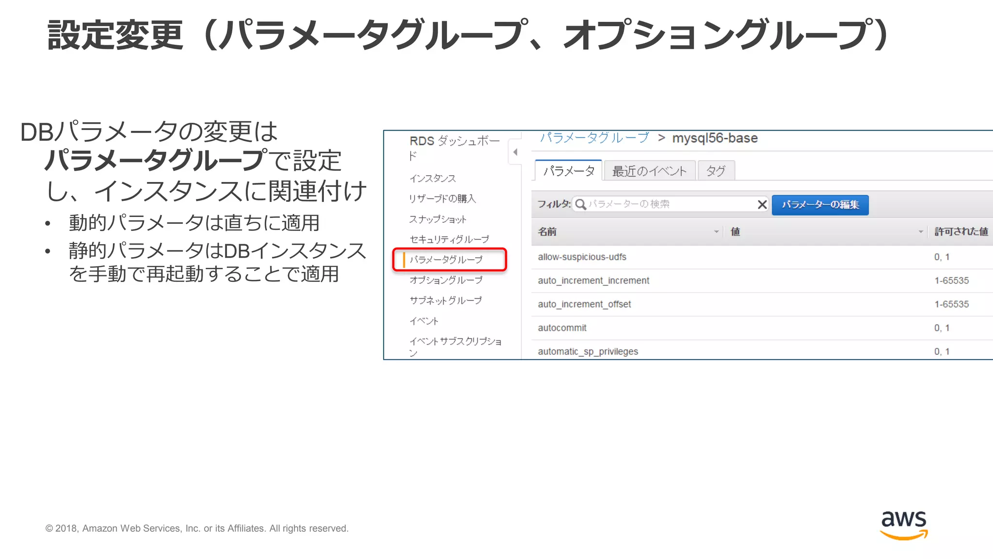 © 2018, Amazon Web Services, Inc. or its Affiliates. All rights reserved.
設定変更（パラメータグループ、オプショングループ）
DBパラメータの変更は
パラメータグループで設定
し、インスタンスに関連付け
• 動的パラメータは直ちに適用
• 静的パラメータはDBインスタンス
を手動で再起動することで適用
 